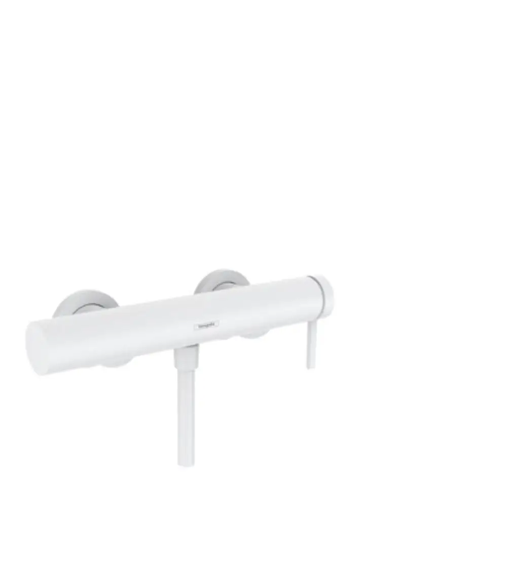 Weißer Einhebel-Brausemischer von Hansgrohe mit zwei runden Wandbefestigungen. Der Auslauf ist schlicht und funktional gestaltet.